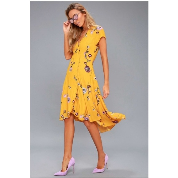 Free People Yellow Floral Midi Dress Size Small - Picture 1 of 14